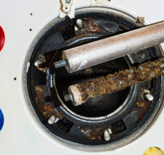 plumber checking anode rod for rotten egg water heater smell