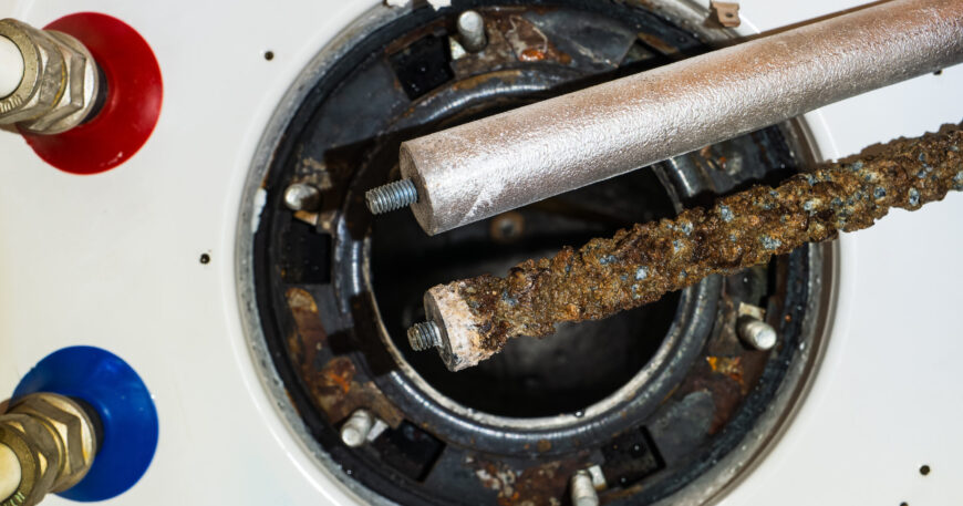 plumber checking anode rod for rotten egg water heater smell